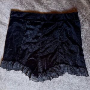 High Waist Black Velvet Lace Trim Shorts